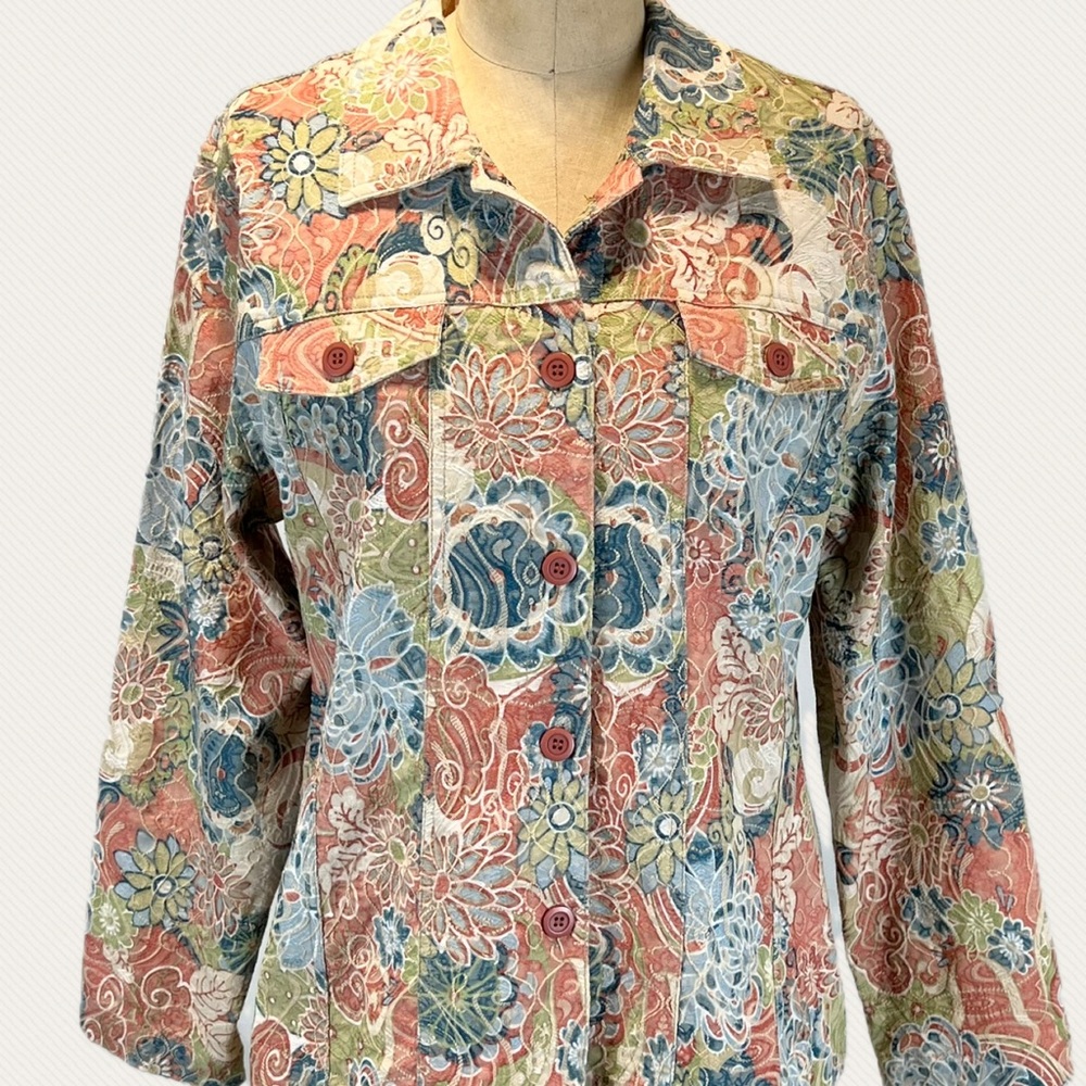Flower garden country cottage jacket button front lightweight botanical floral